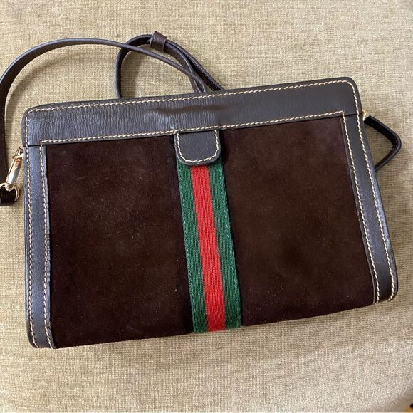 GUCCI Suede Leather Clutch-Crossbody/ShoulderโBagโ๐ผโBrown - Picture 1 of 16